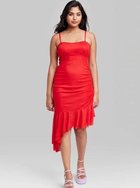 Image for Women's Mesh Ruched Dress,Red