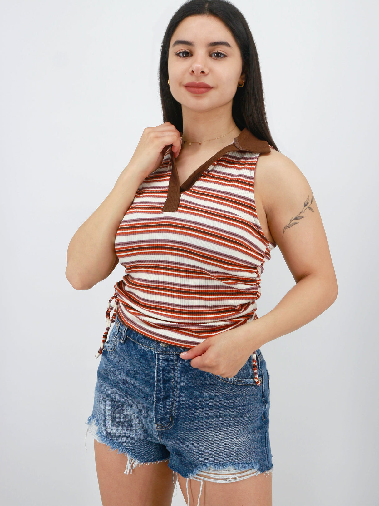Image for Women's Side Ruched Striped Polo Top,Multi