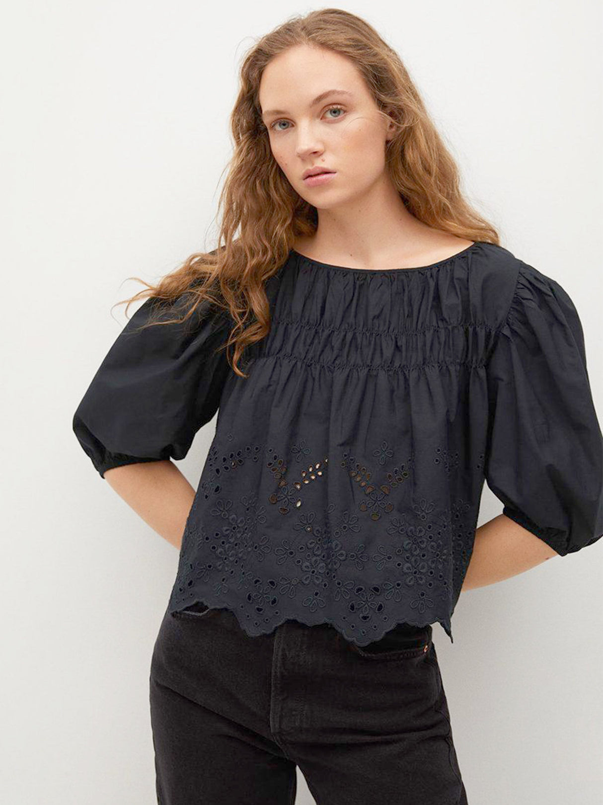 Image for Women's Swiss Embroidery Poplin Blouse,Black