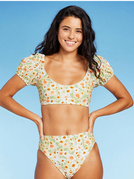 Image for Women's Floral Printed Puff Sleeve Bikini Top,Multi