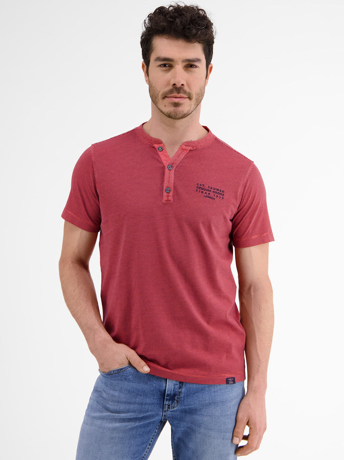 Image for Men's Graphic Embroidered Striped Henley Top,Red