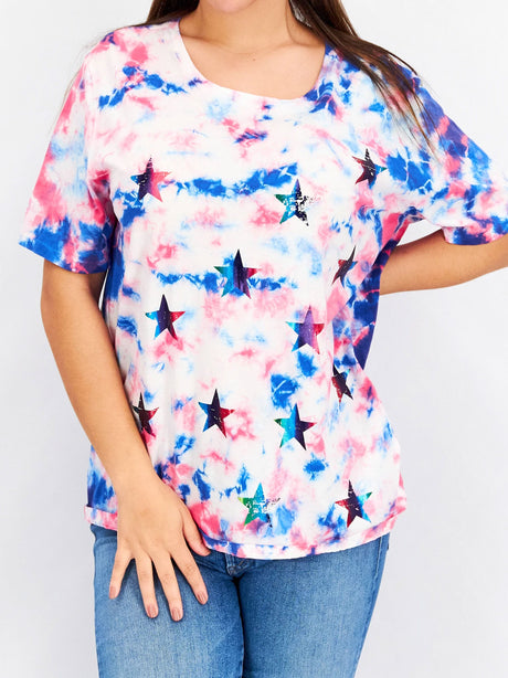 Image for Women's Stars Printed Tie Dye T-Shirt,Multi
