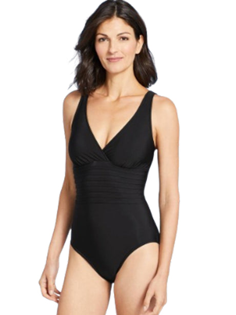 Image for Women's Plain Solid V-Neck One Piece Swimsuit,Black