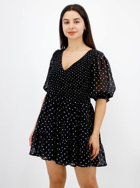 Image for Women's Smocked Waist Polka Dots Mini Dress,Black