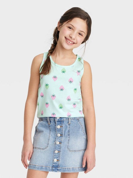 Image for Kids Girl Strawberry Printed Tank Top,Aqua