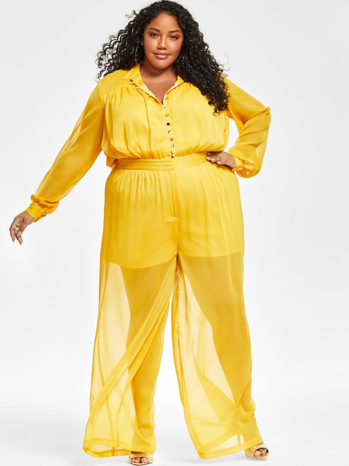 Image for Women's Button Front Mesh Jumpsuit,Yellow