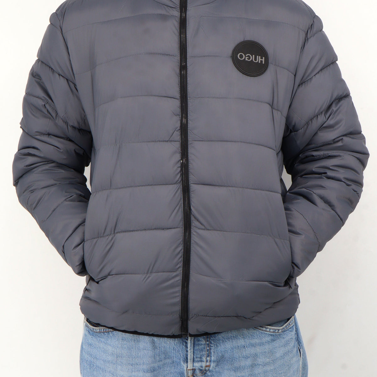 Men's Brand Logo Printed Quitled Jacket,Grey