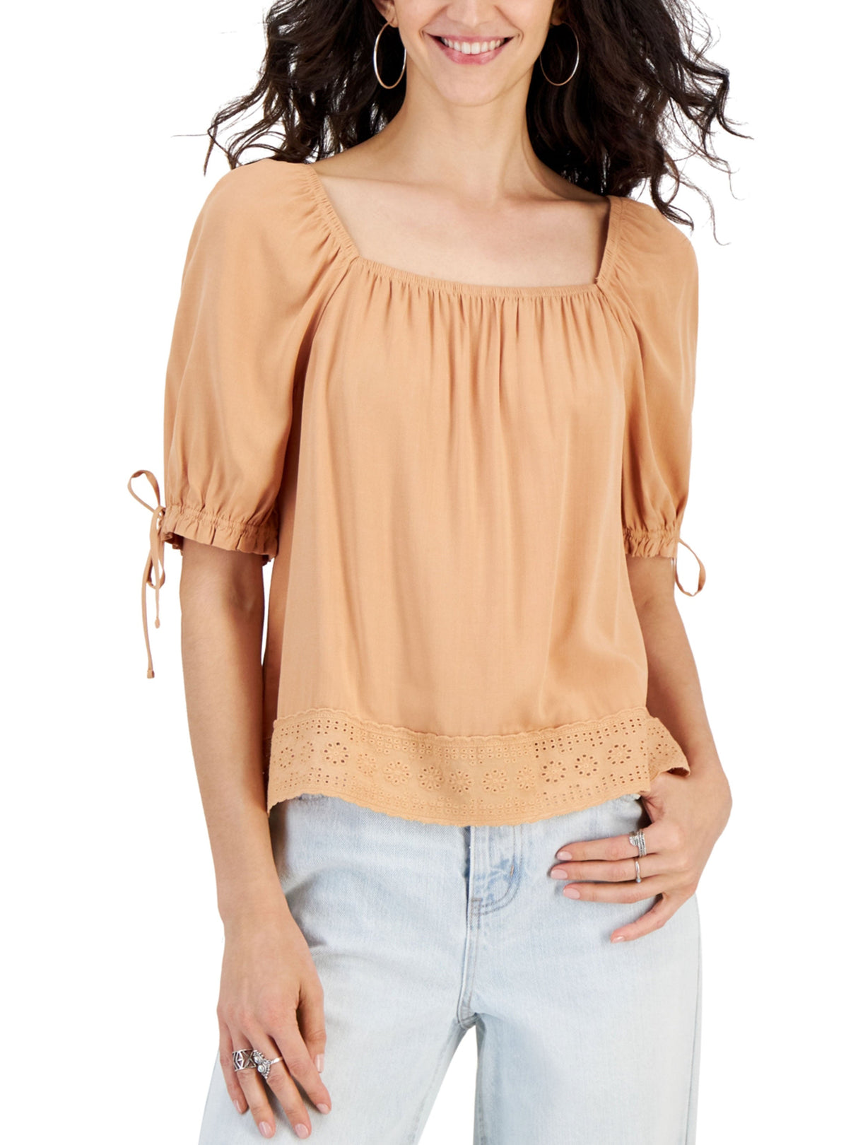 Image for Women's Tie Sleeve Crochet Top,Light Brown