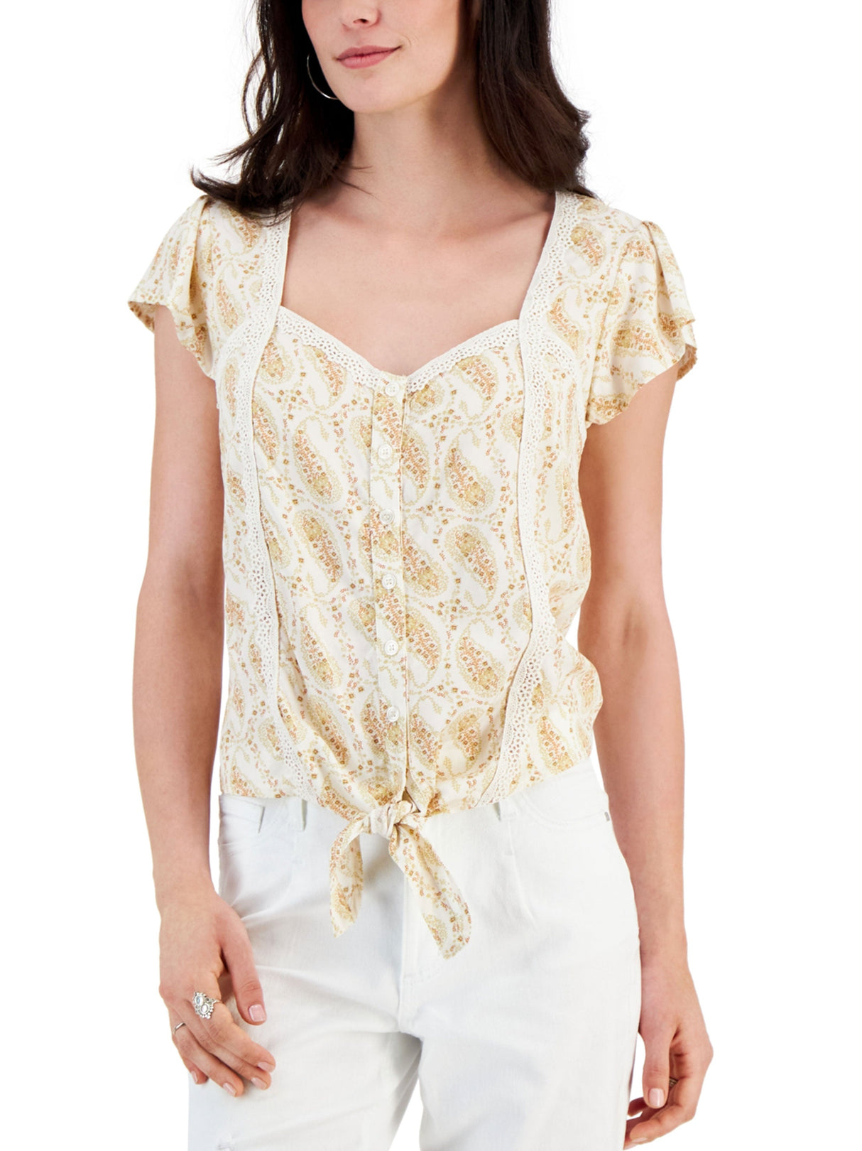 Image for Women's Crochet Trim Tie Front Top,Light Beige