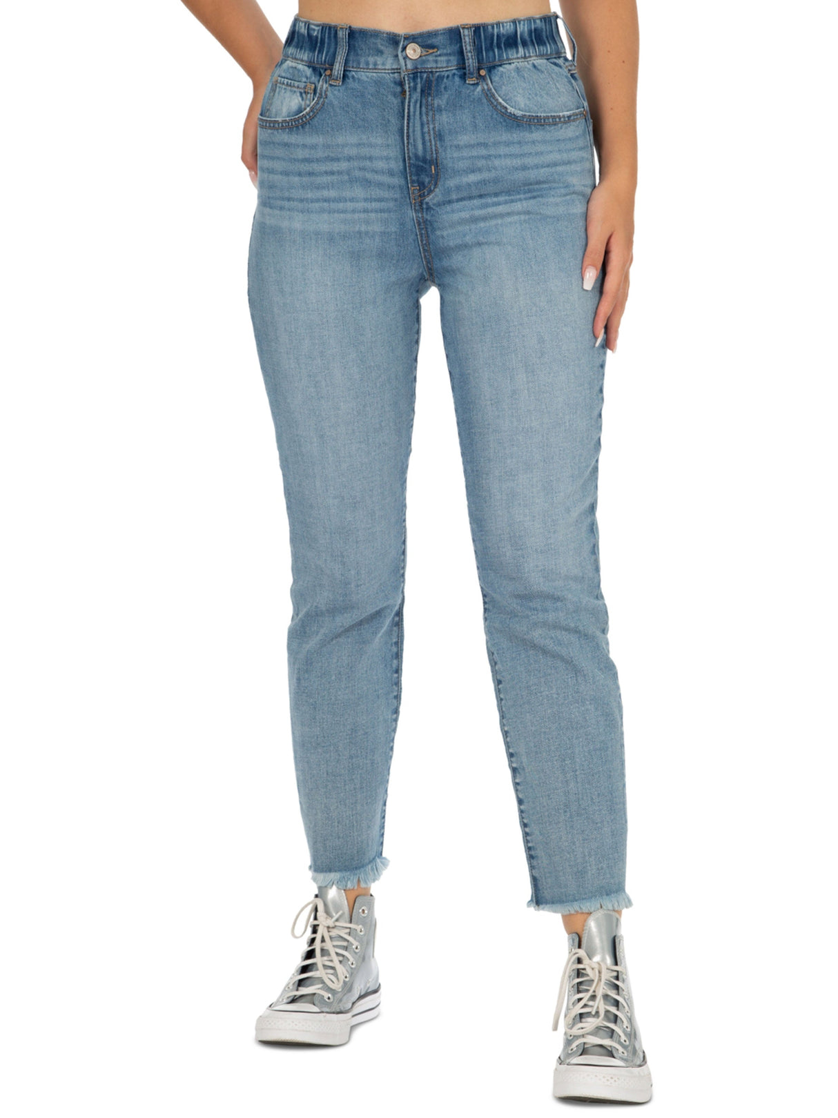 Image for Women's Washed Frayed Mom Jeans,Blue