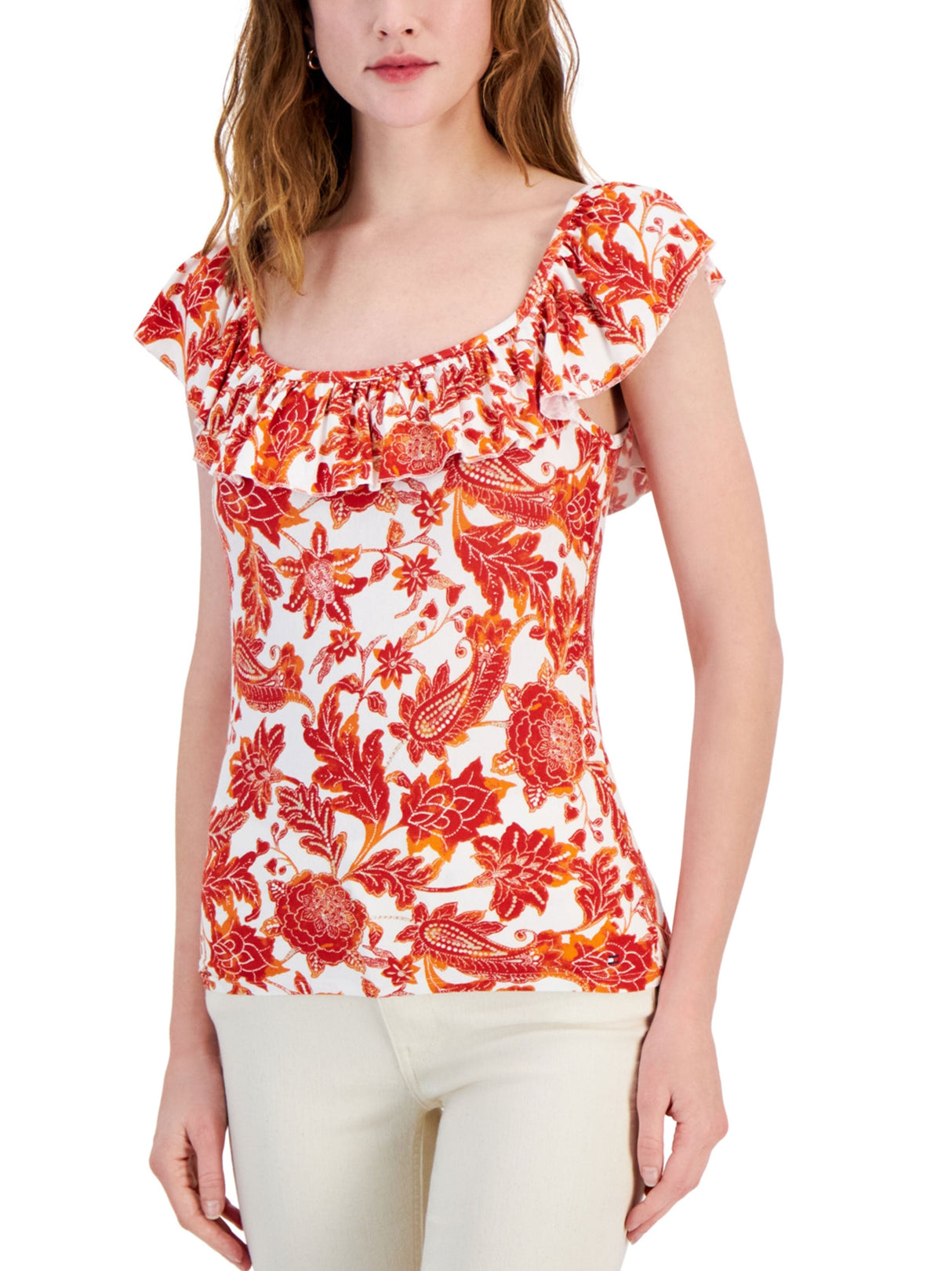 Image for Women's Floral Printed Ruffled Top,Red