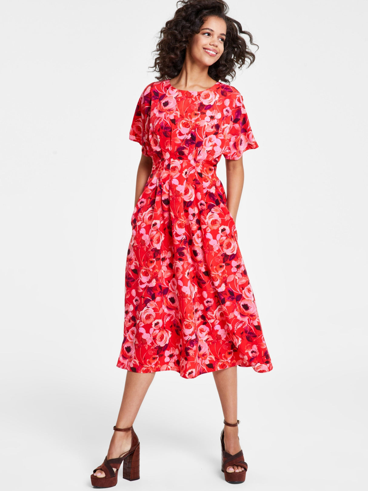 Image for Women's Floral Printed Fit & Flare Dress,Red