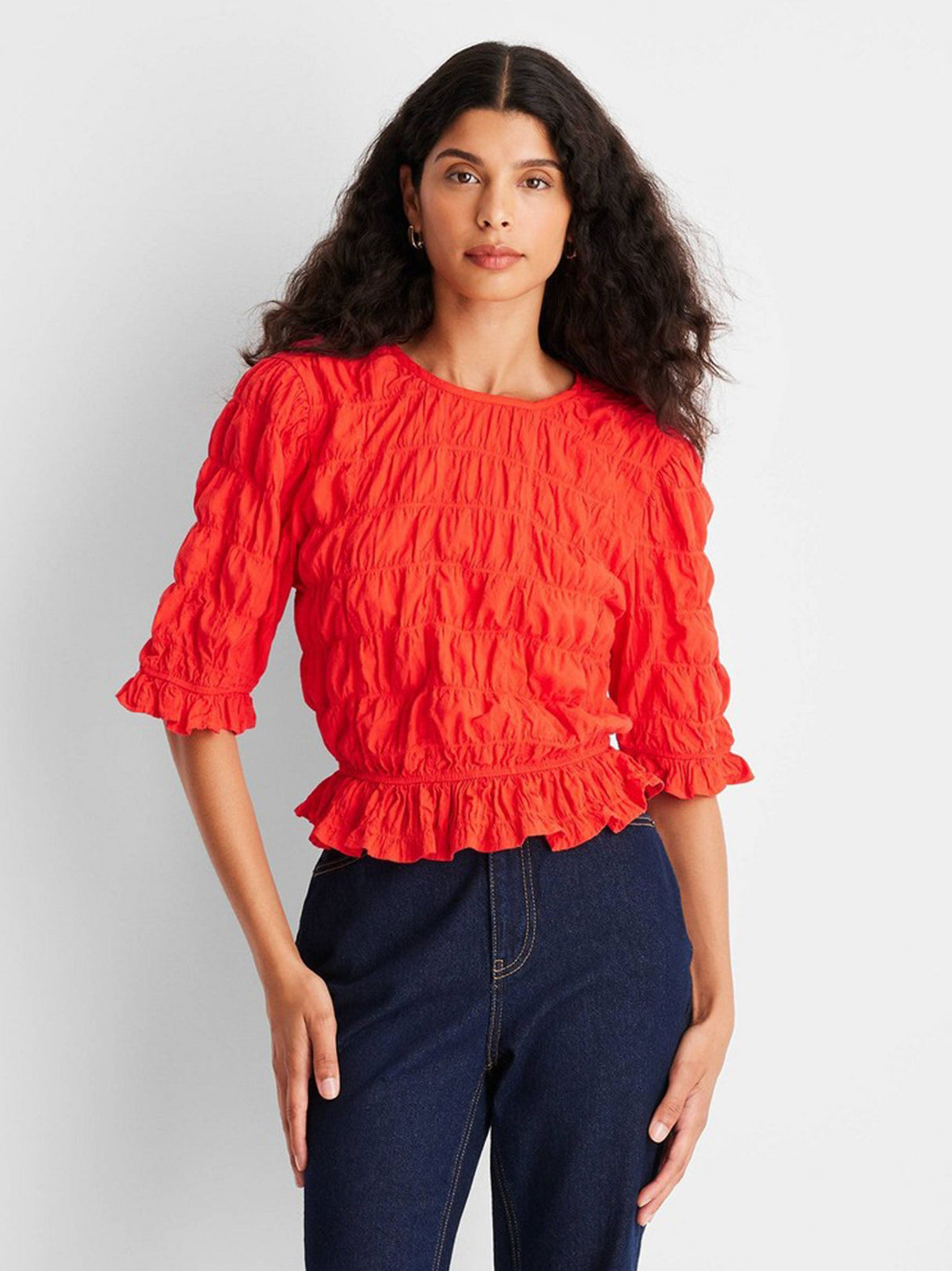 Image for Women's Ruffled Textured Top,Red