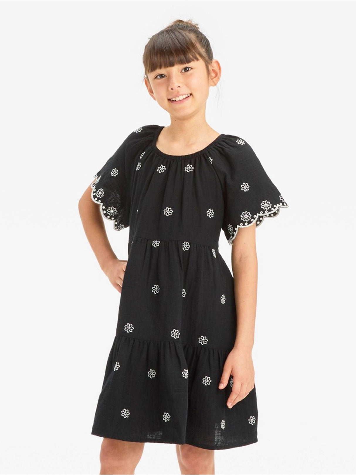 Image for Kids Girl's Floral Embroidered Tiered Dress,Black