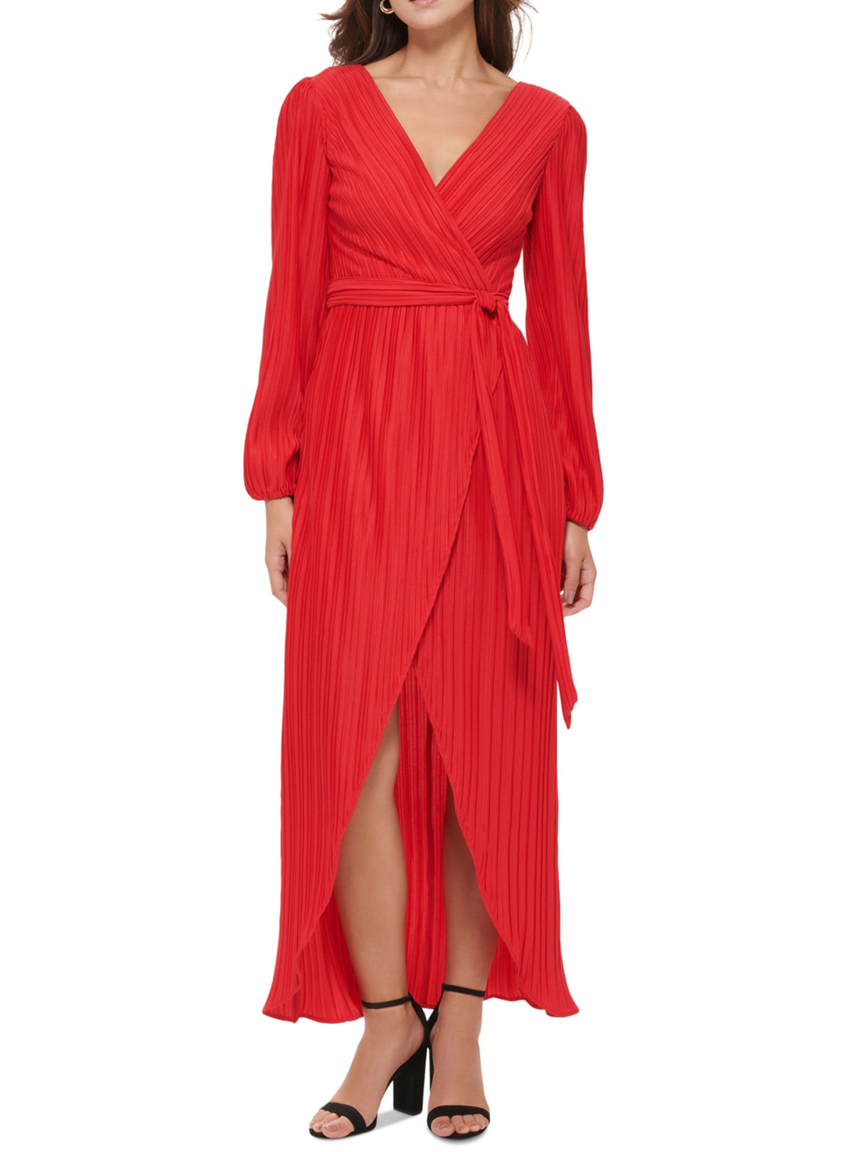 Image for Women's Pleated Wrap Dress,Red