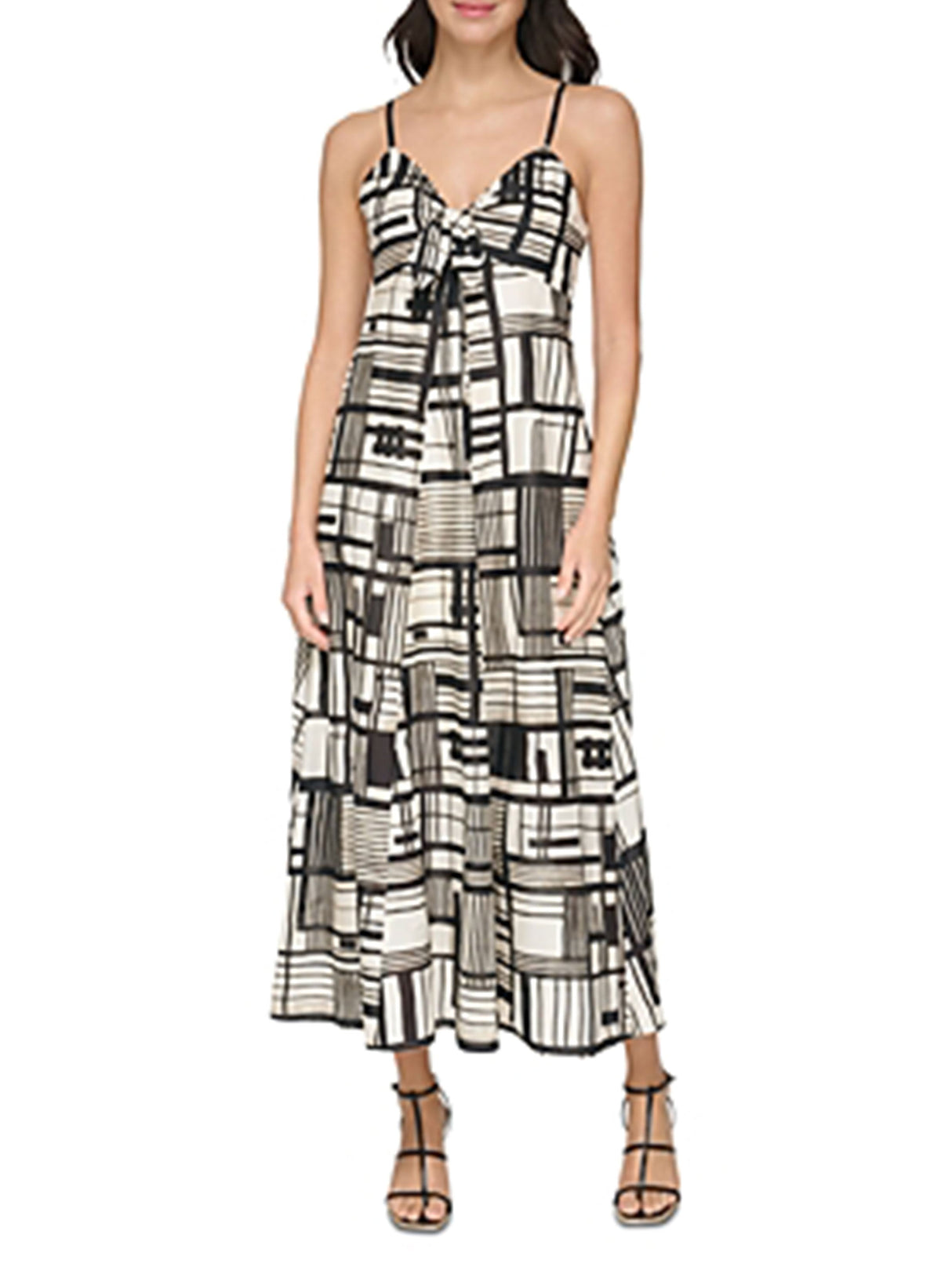 Image for Women's Tie Front Printed Dress,Black/Ecru