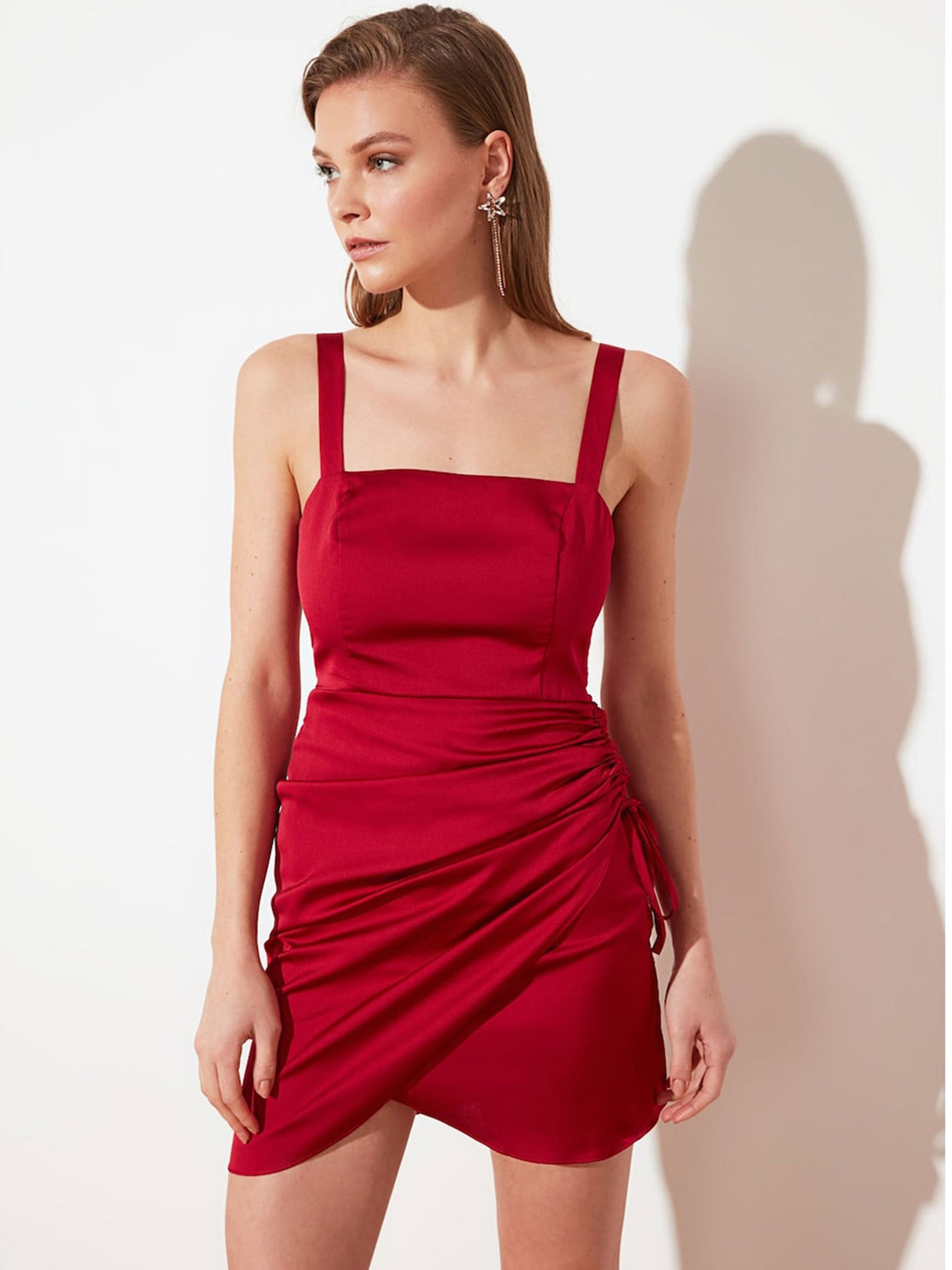 Image for Women's Side Ruched Satin Dress,Burgundy