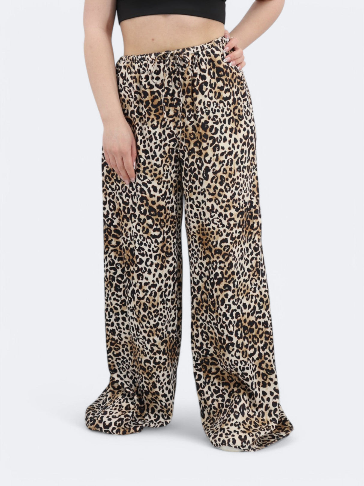 Image for Women's Leopard Printed Satin Pants,Beige/Black
