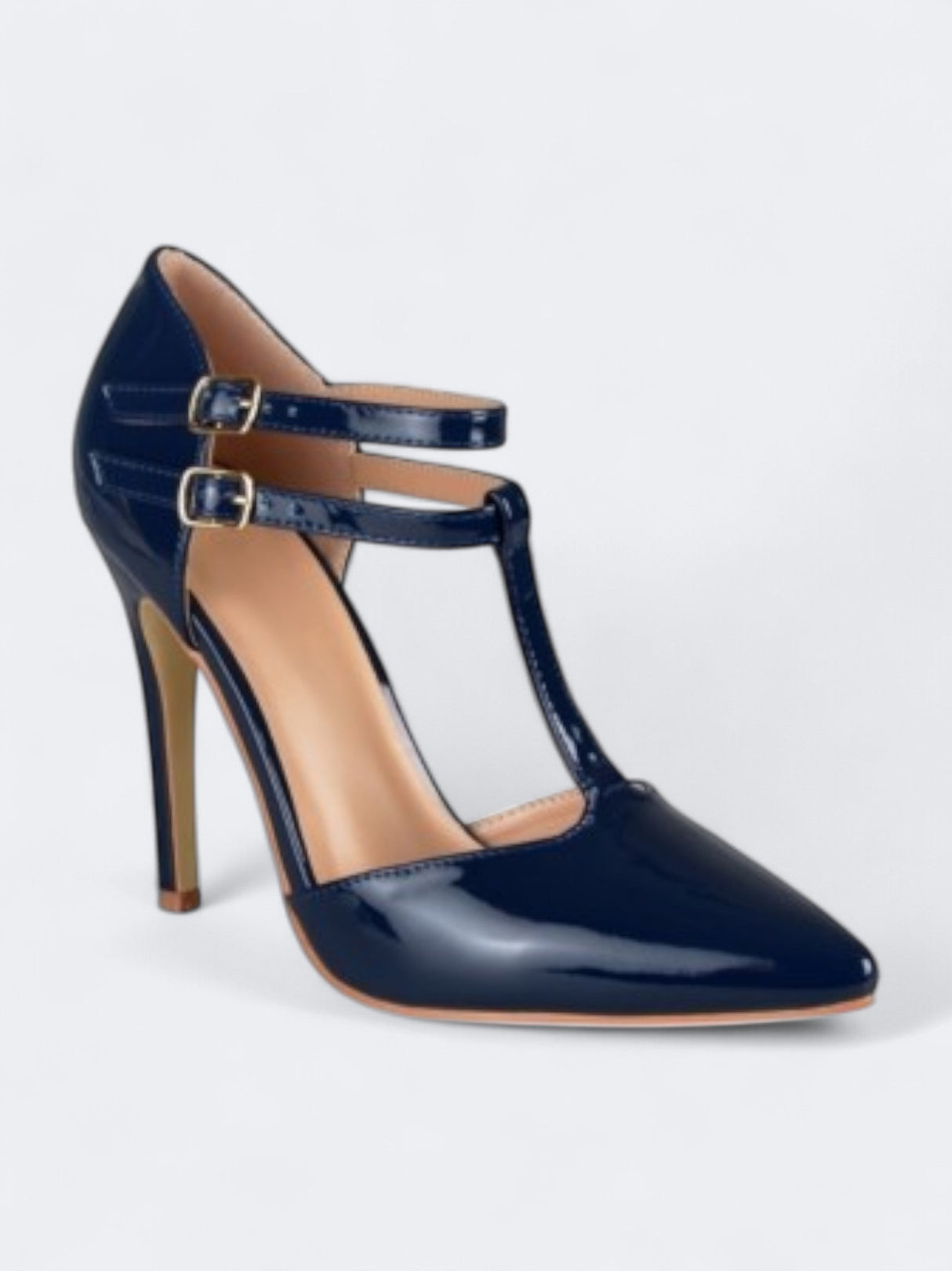 Image for Women's Glossy Tru T Strap Stiletto Pumps High Heeled Shoes,Navy