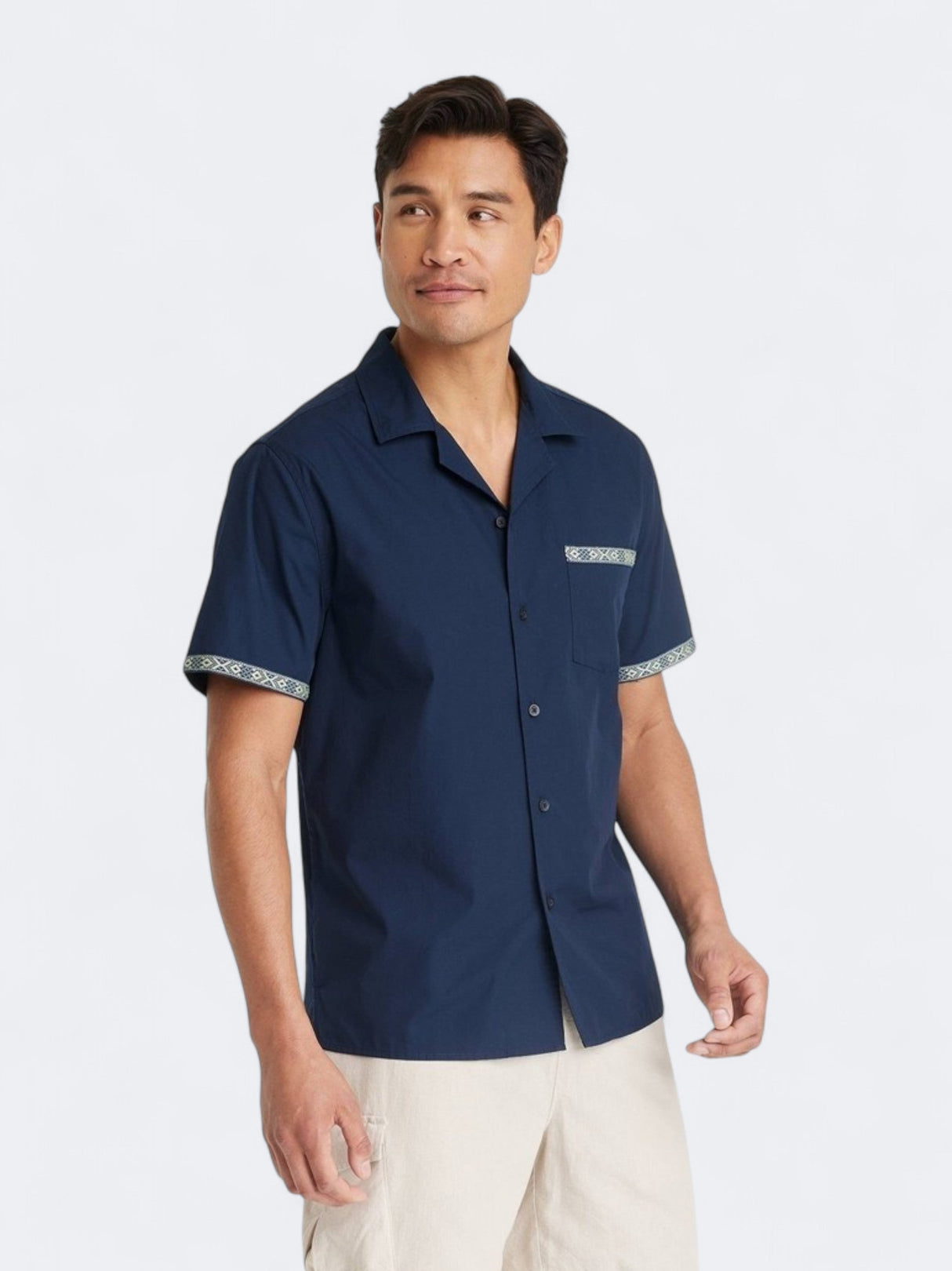 Image for Men's Embroidered Trim Button Down Shirt,Navy