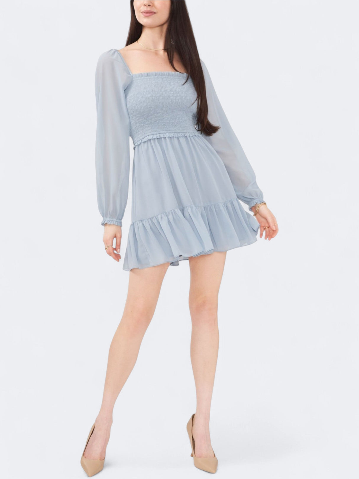Image for Women's Plain Smocked Ruffle Hem Long Sleeve Dress,Blue