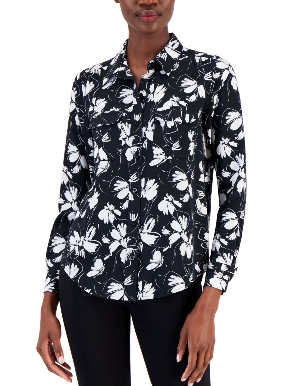 Image for Women's Floral Printed Chemise Two Pockets,Black/White