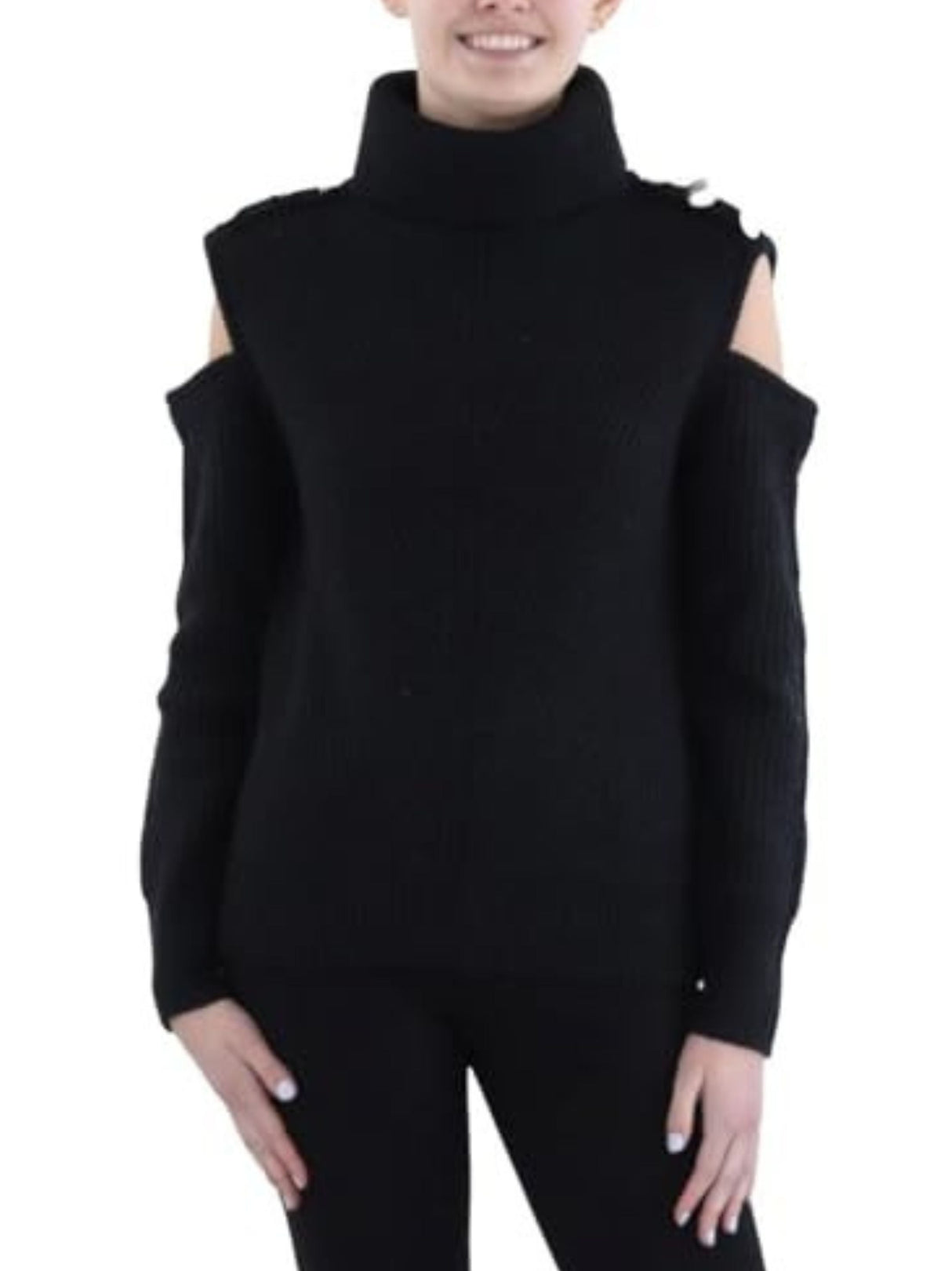 Image for Women's Knitted Cold Shoulder Sweaters,Black