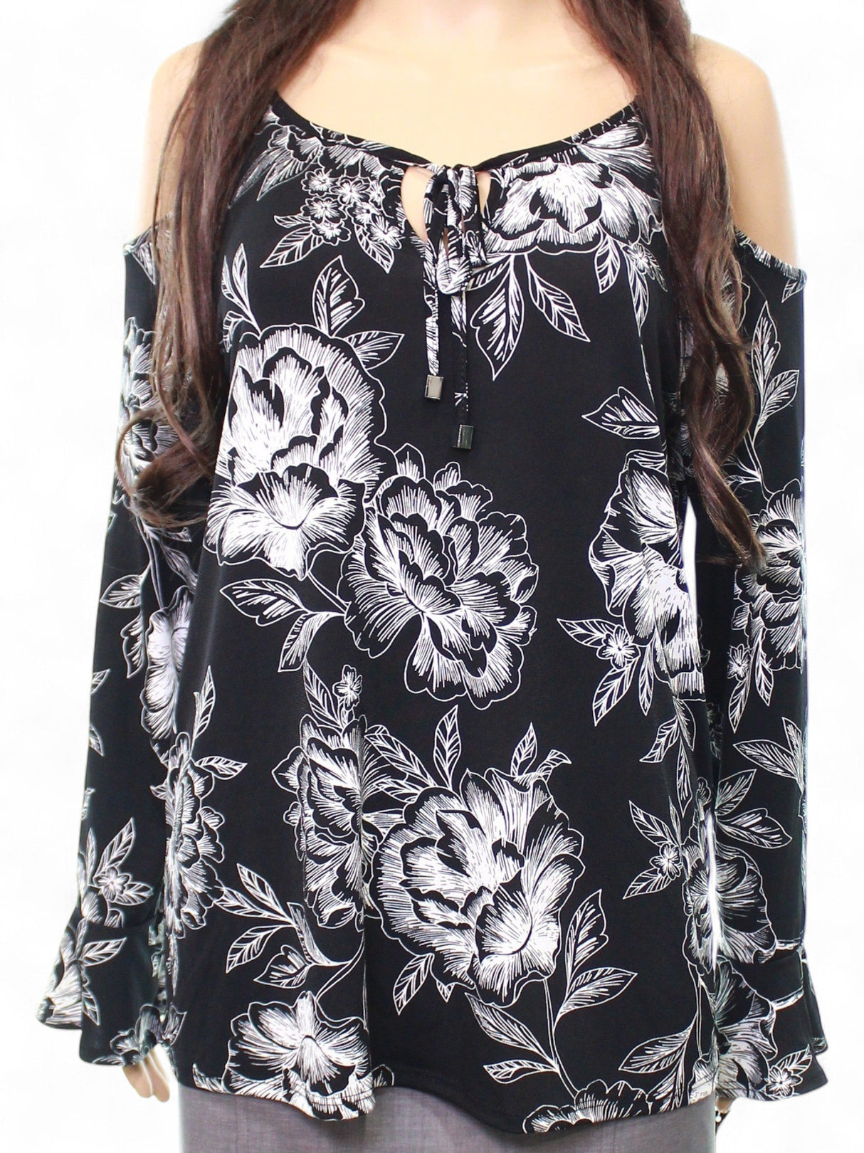 Image for Women's Floral Printed Cold Shoulder Top,Black