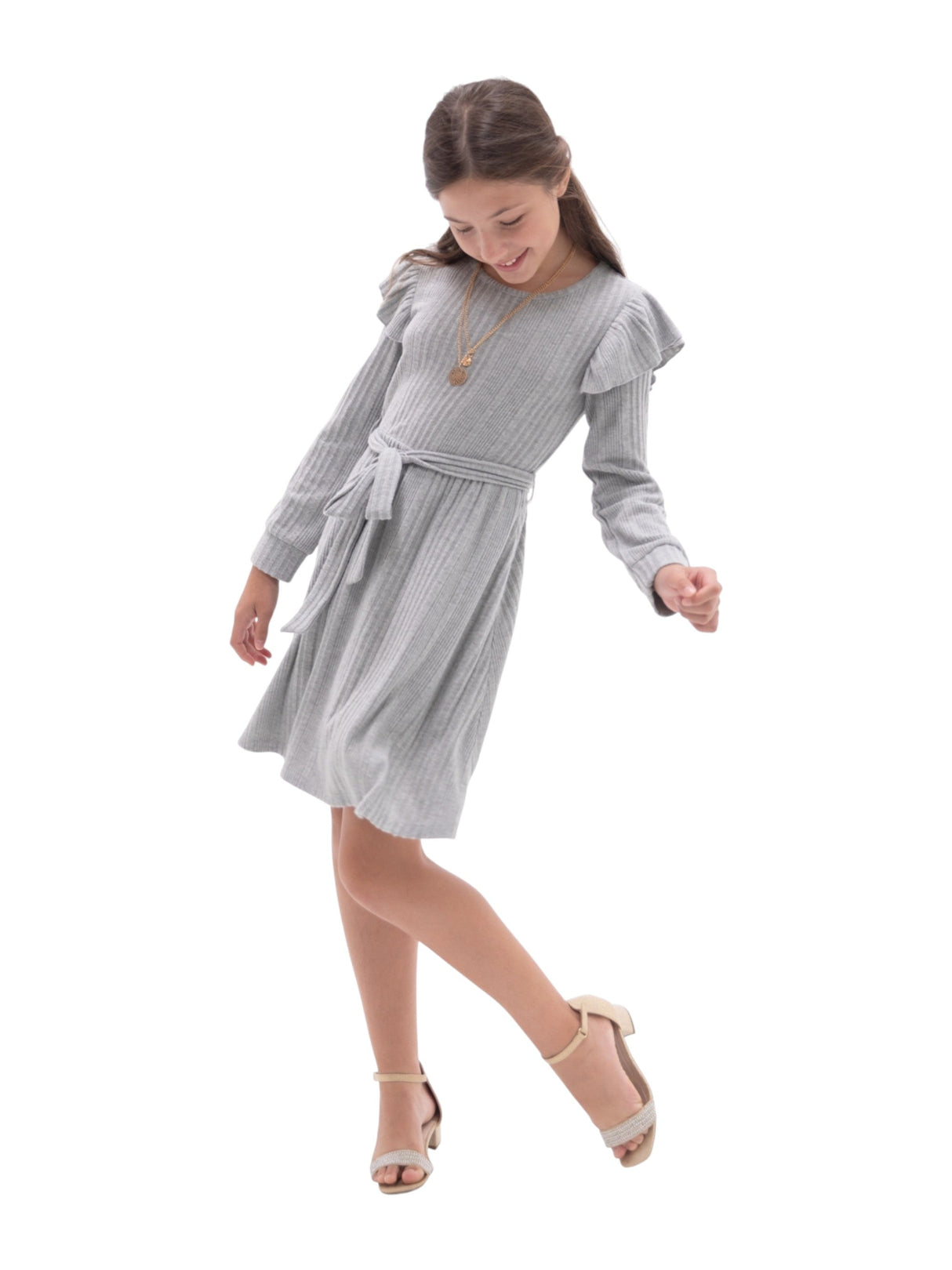 Image for Kids Girl's Ribbed Knitted Dress&Necklace Set,Grey