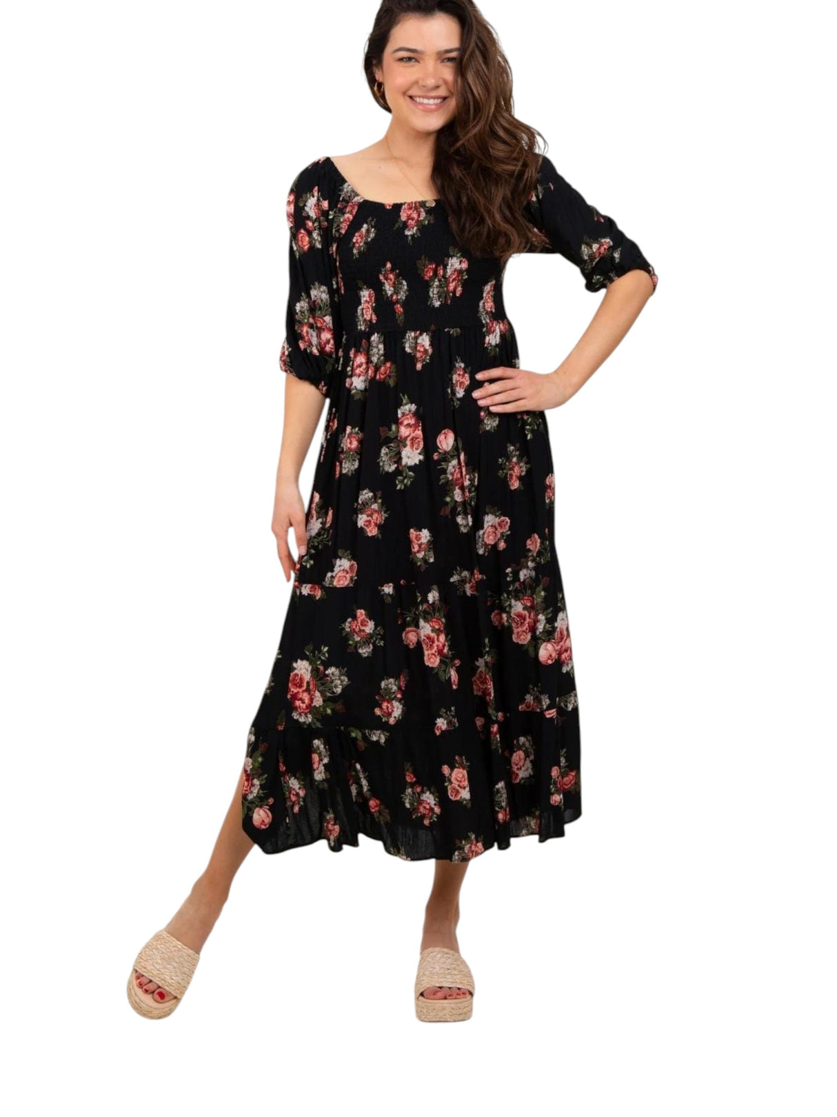 Image for Women's Floral Printed Ruffled Dress,Black