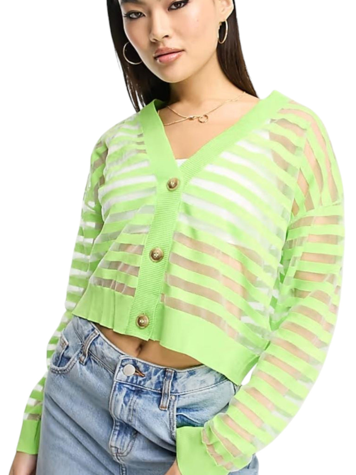Image for Women's Striped Sheer Top Cardigan,Lime Green