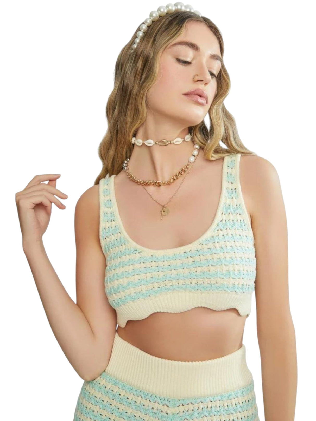 Image for Women's Knitted Sweaters,Off White/Turquoise
