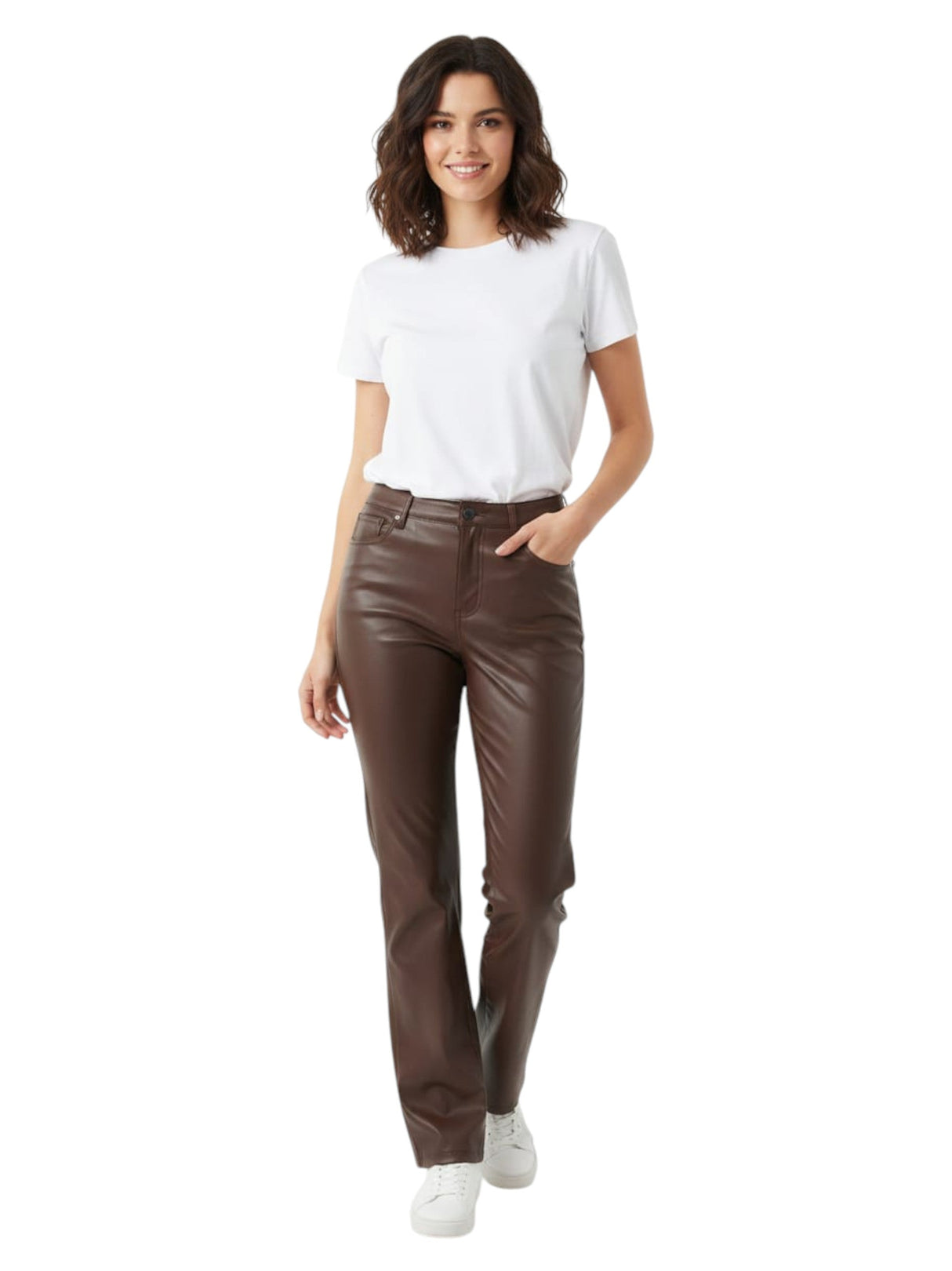 Image for Women's Plain Leather Pant,Brown