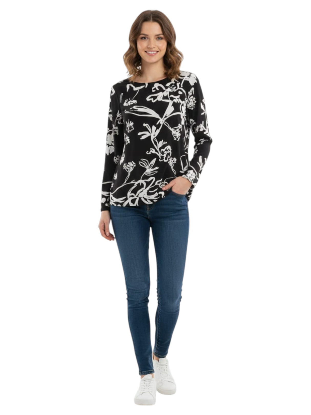 Image for Women's Floral Printed Top,Black/White