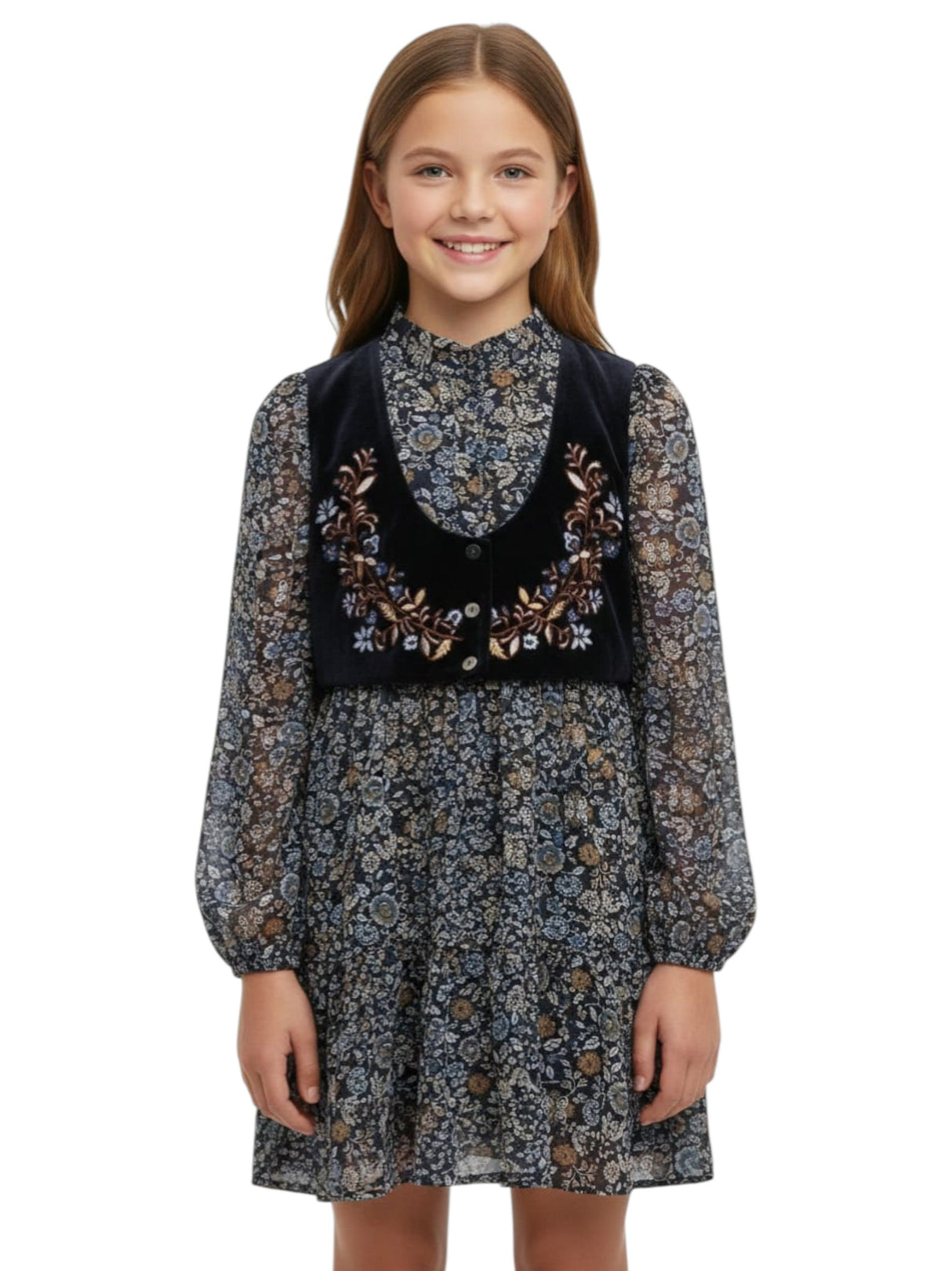 Image for Kids Girl's Floral Printed Dress,Navy