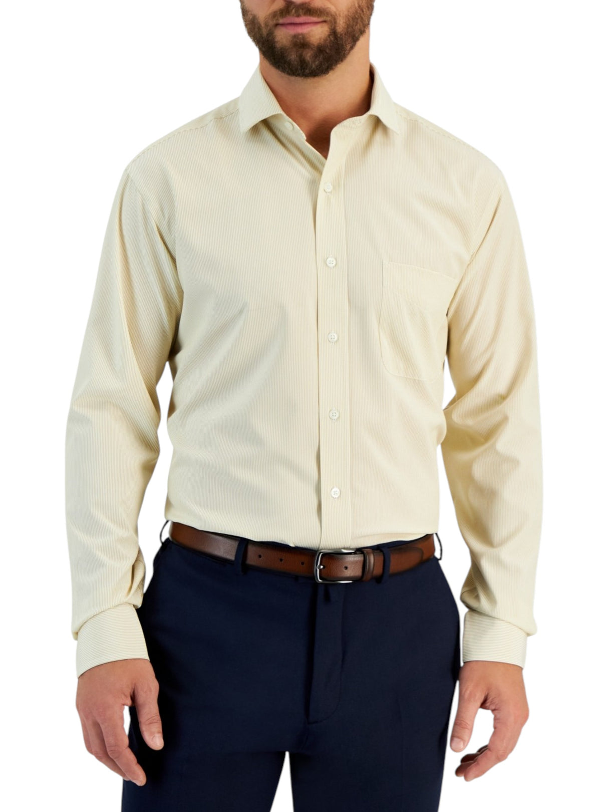 Image for Men's White Striped Dress Shirt,Light Beige