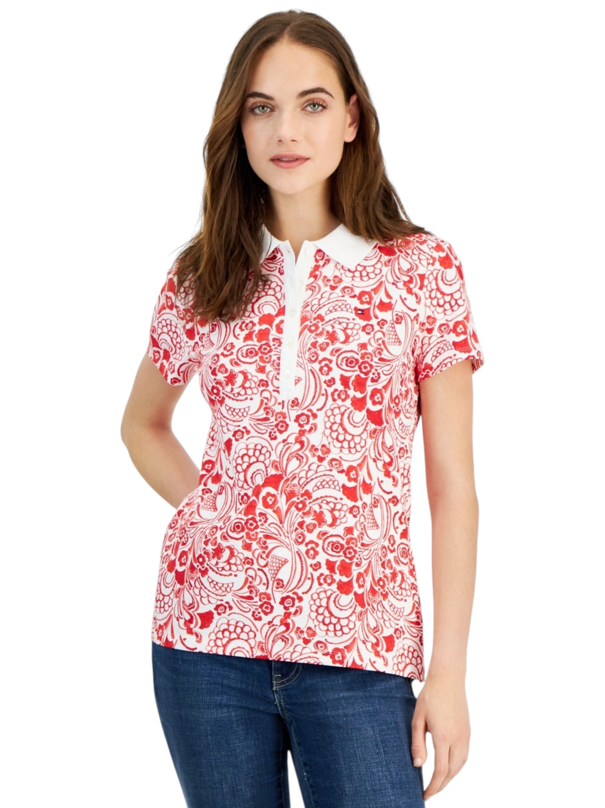 Image for Women's Floral Printed Top,Red/White