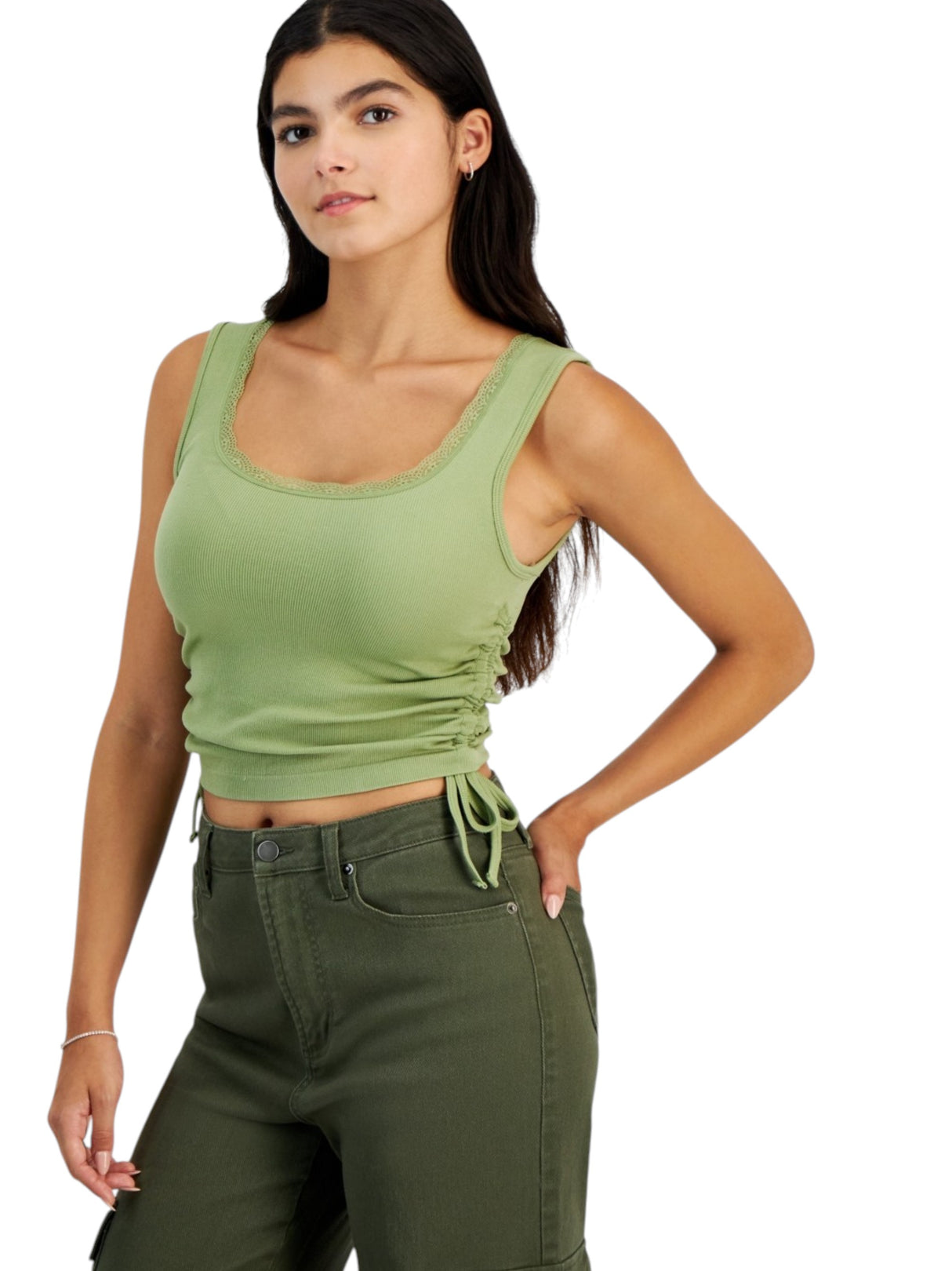 Image for Women's Ribbed Lace Top,Dusty Olive