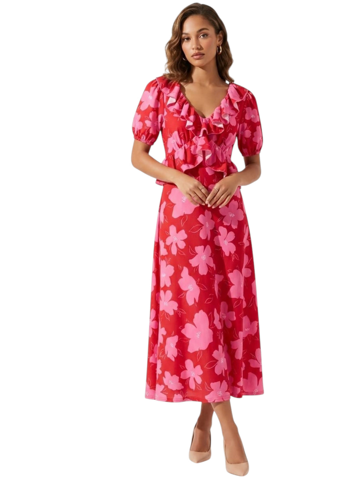 Image for Women's Floral Printed Tie Back Dress,Red/Pink