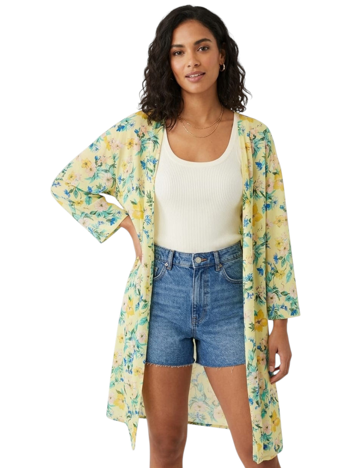 Image for Women's Floral Printed Top Cardigsn,Yellow