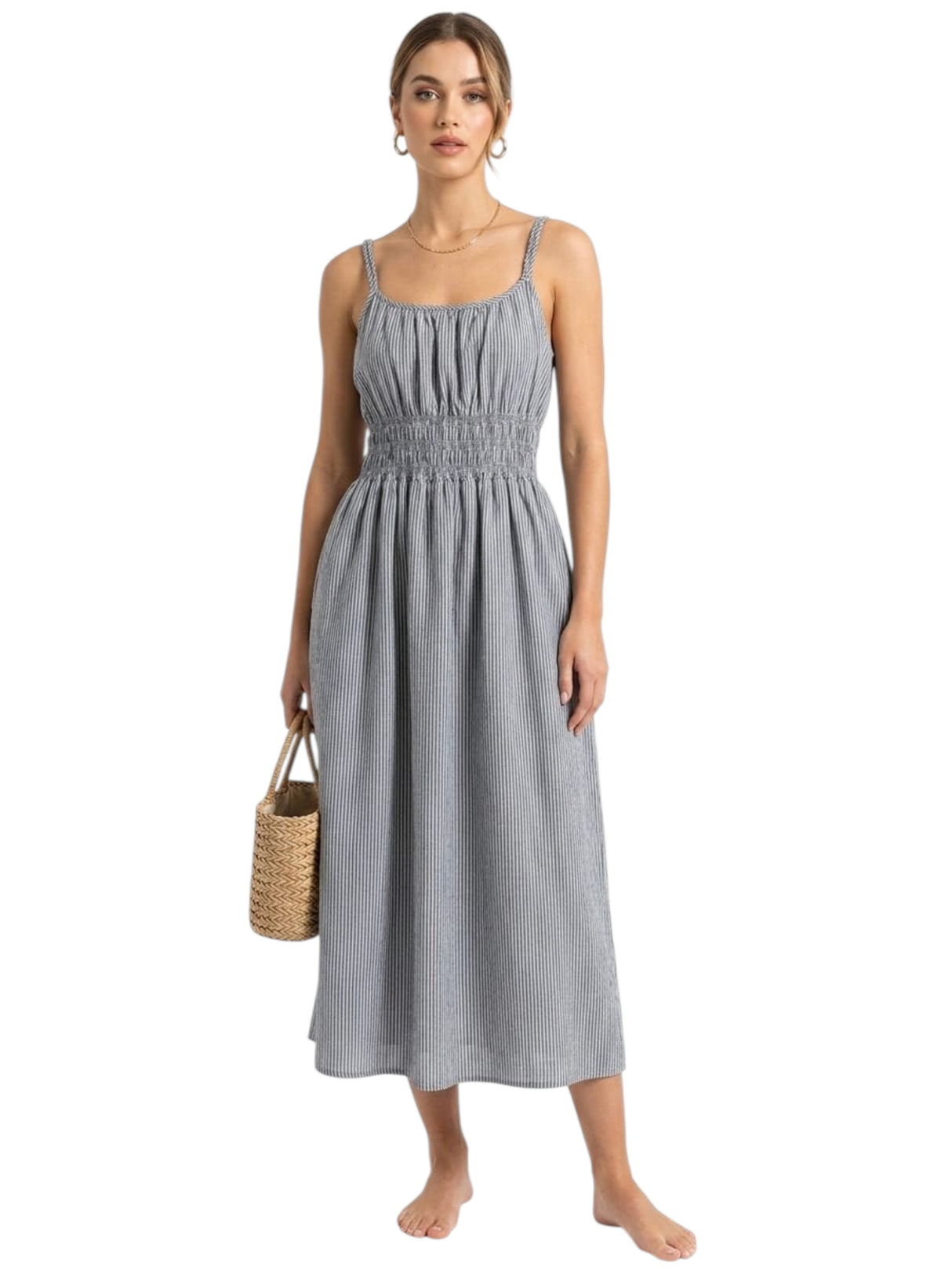 Image for Women's White Striped Dress,Dusty Blue