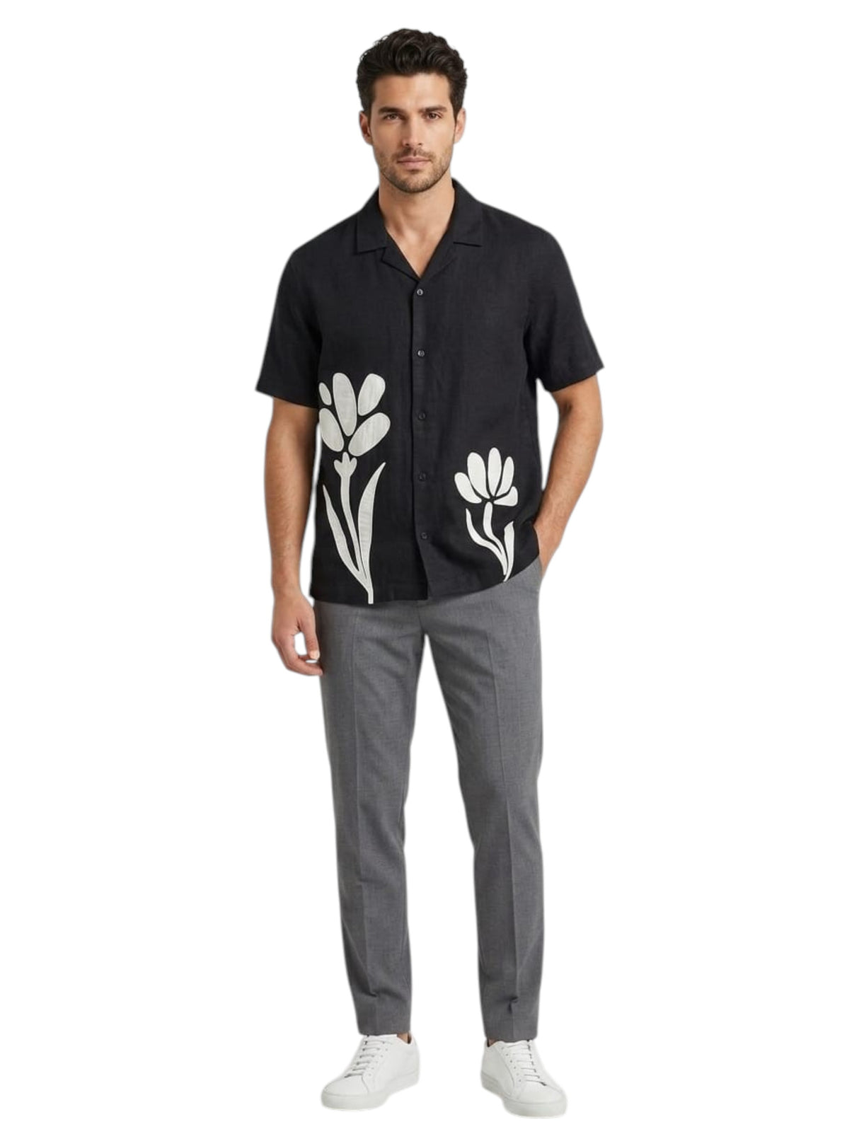 Image for Men's Floral Printed Dress Shirt,Black