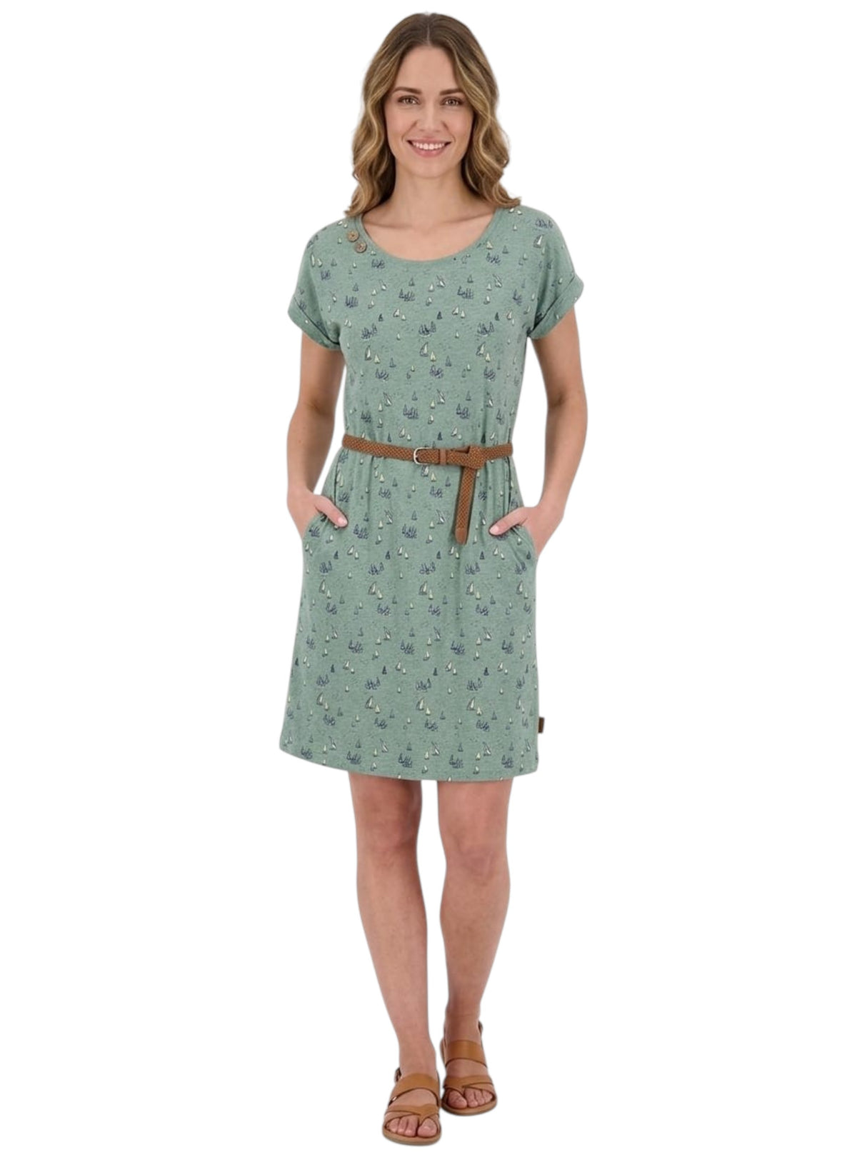 Image for Women's Printed Dress&Braidered Belt,Dusty Turquoise