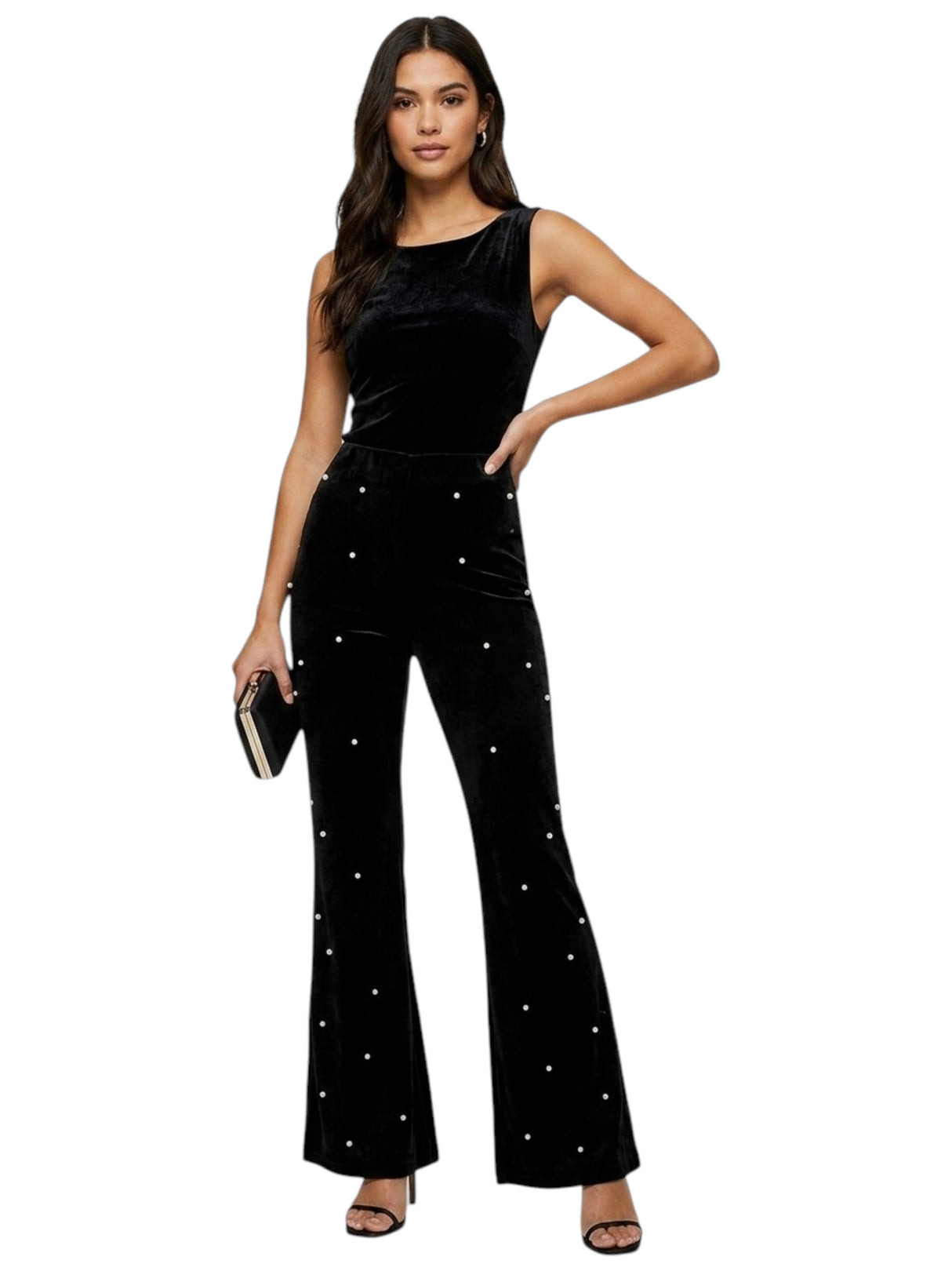 Image for Women's Velvet Pant With Pearl,Black