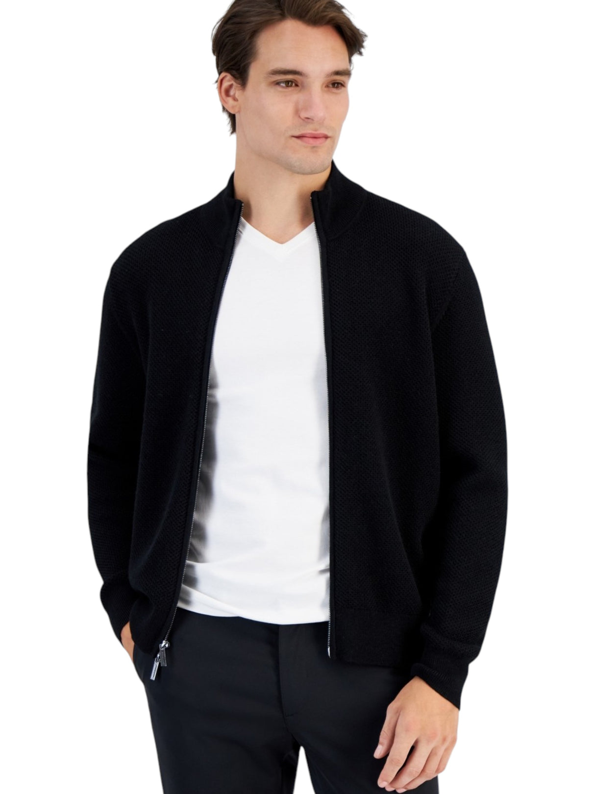 Image for Men's Textured Knitted Polo Sweater,Black