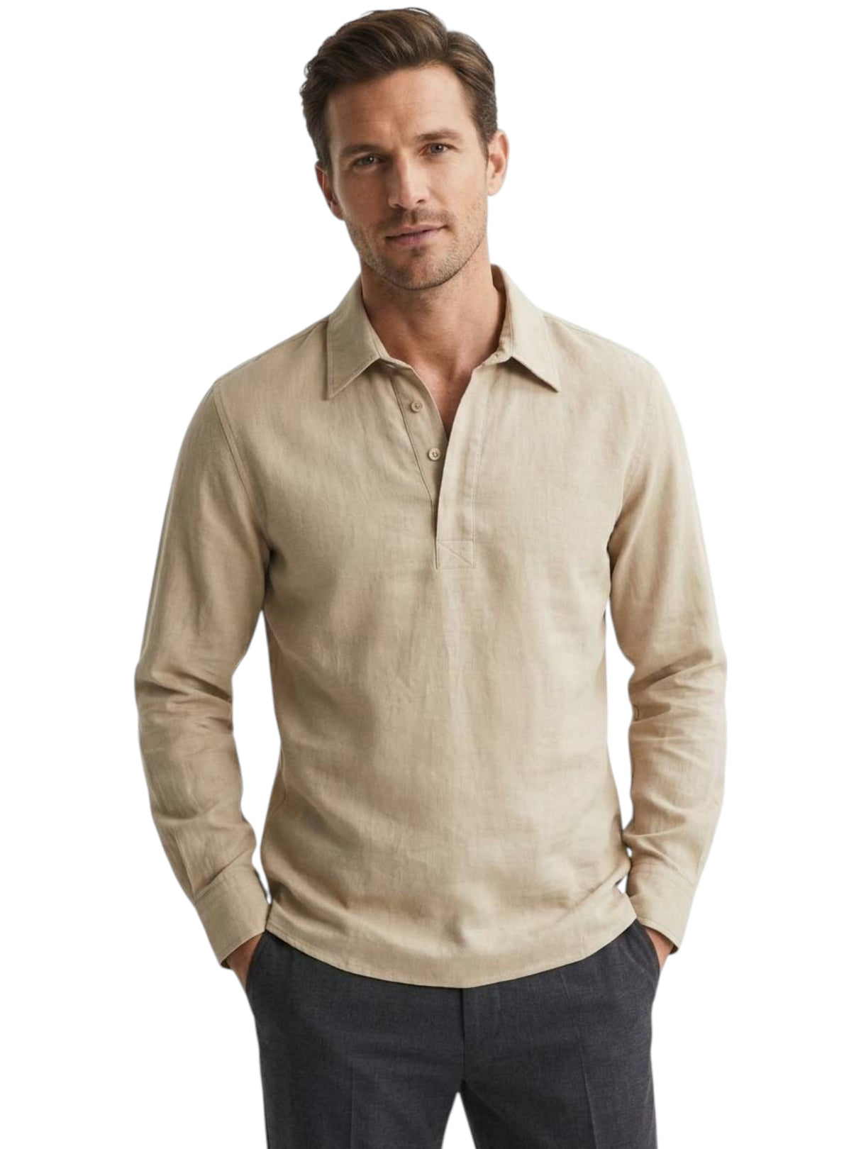 Image for Men's Plain Solid Linen Top,Dark Beige
