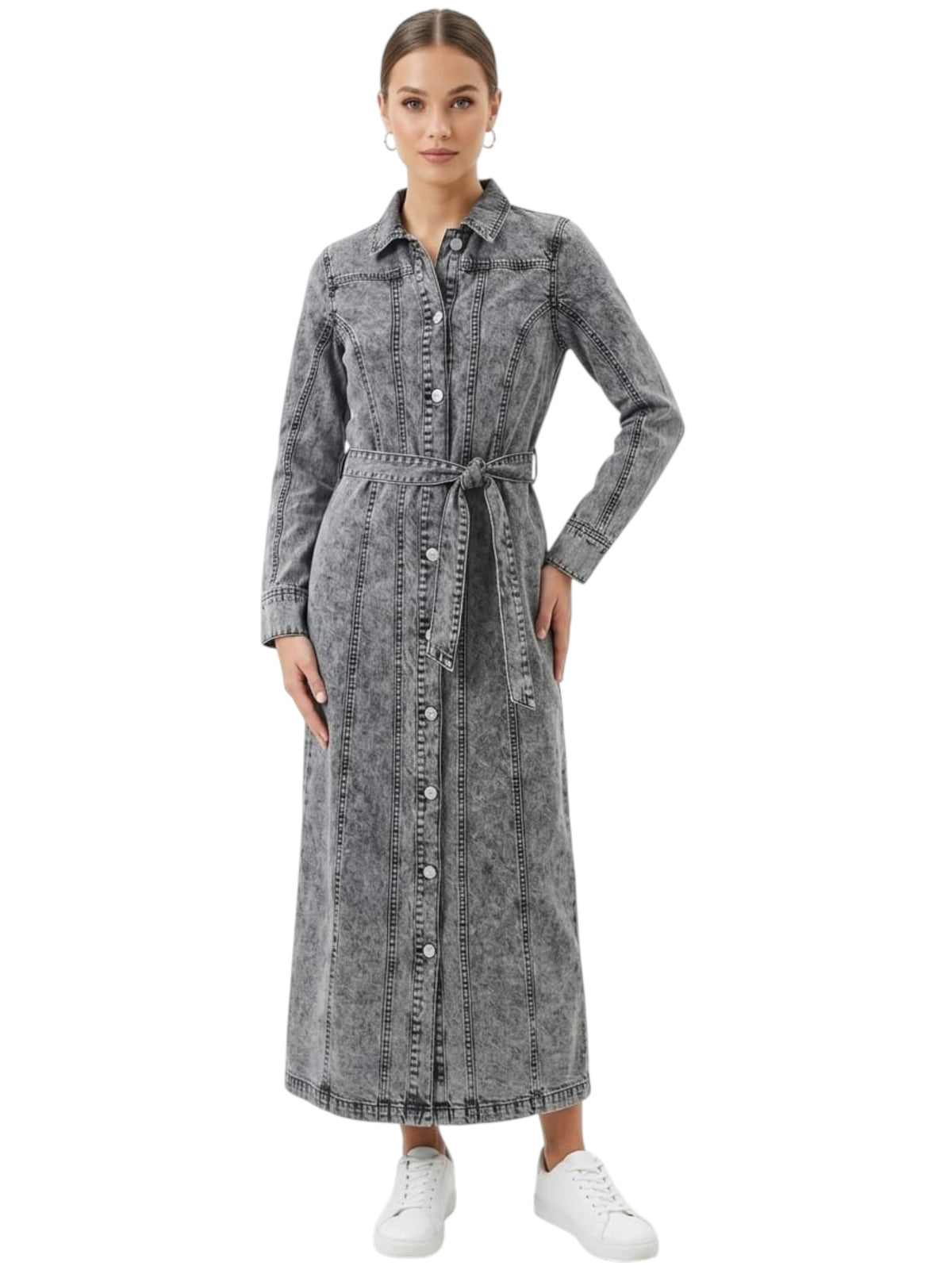Image for Women's Plain Denim Dress with Belt,Grey