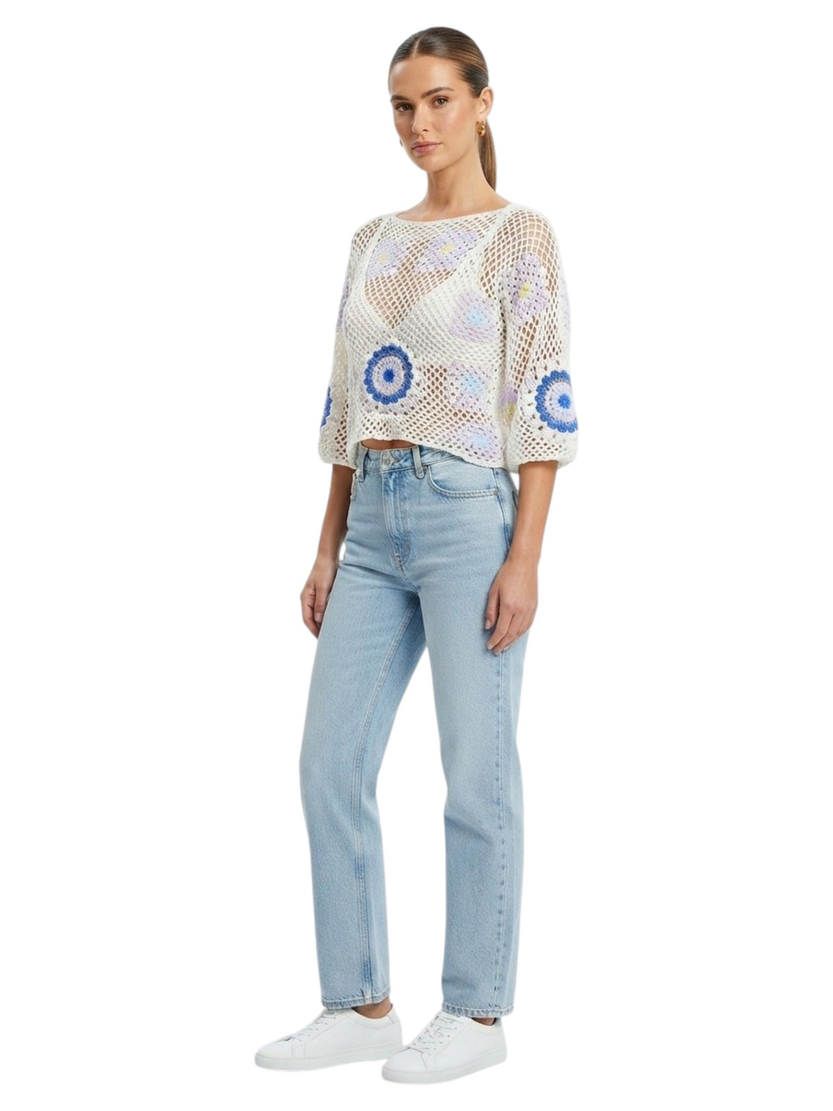 Image for Women's Printed Open Knitted Top,White