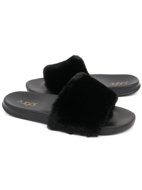Women's Soft Fuzzy Upper Wuzzy Slide Sandals,Black