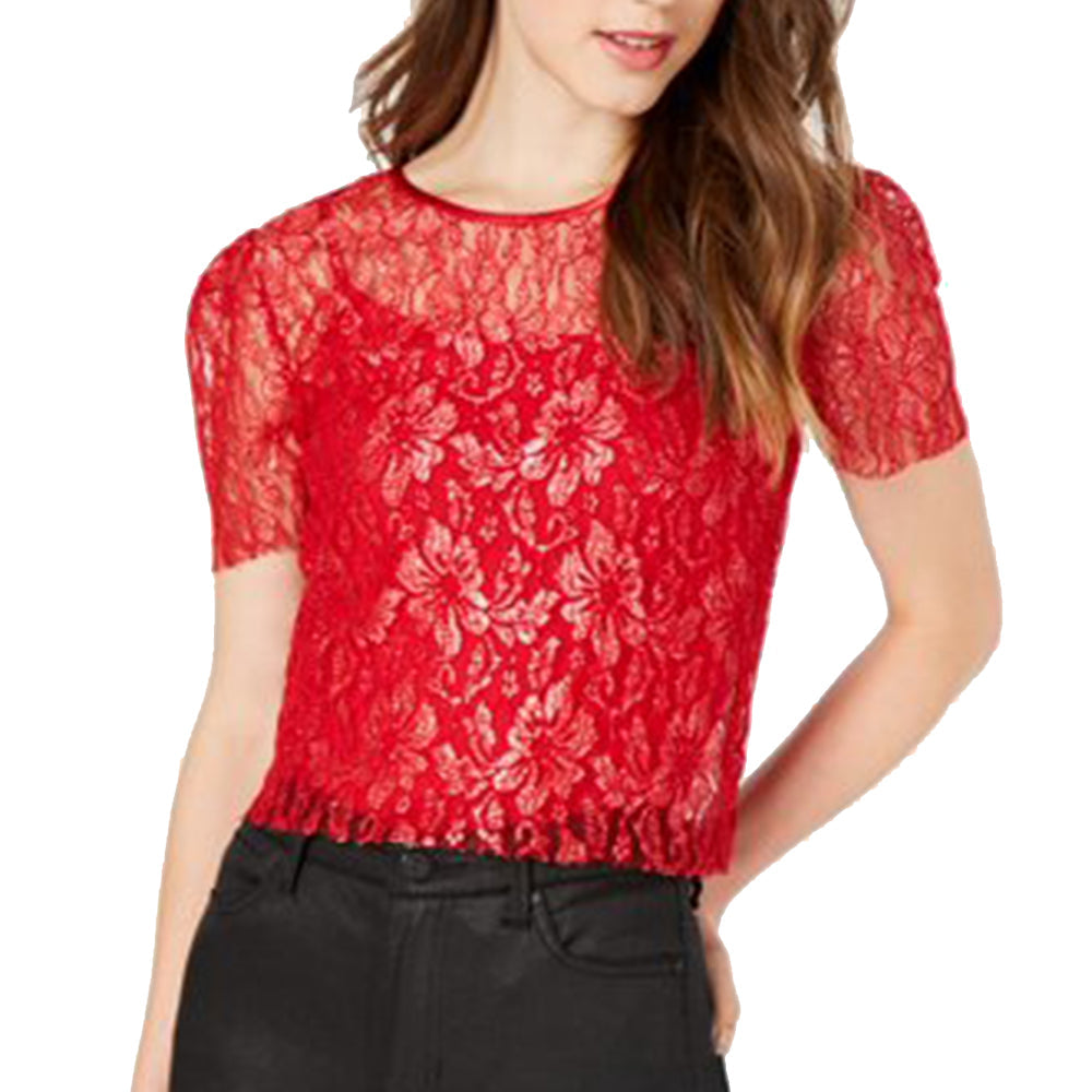Image for Women's Metallic Lace Crop Top,Red